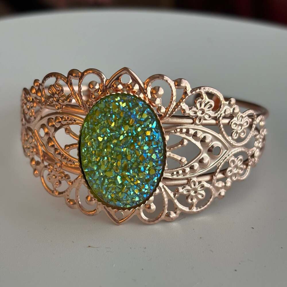 Rose Gold Tone Filigree Cuff Bracelet with Lime Green Druzy Oval Stone